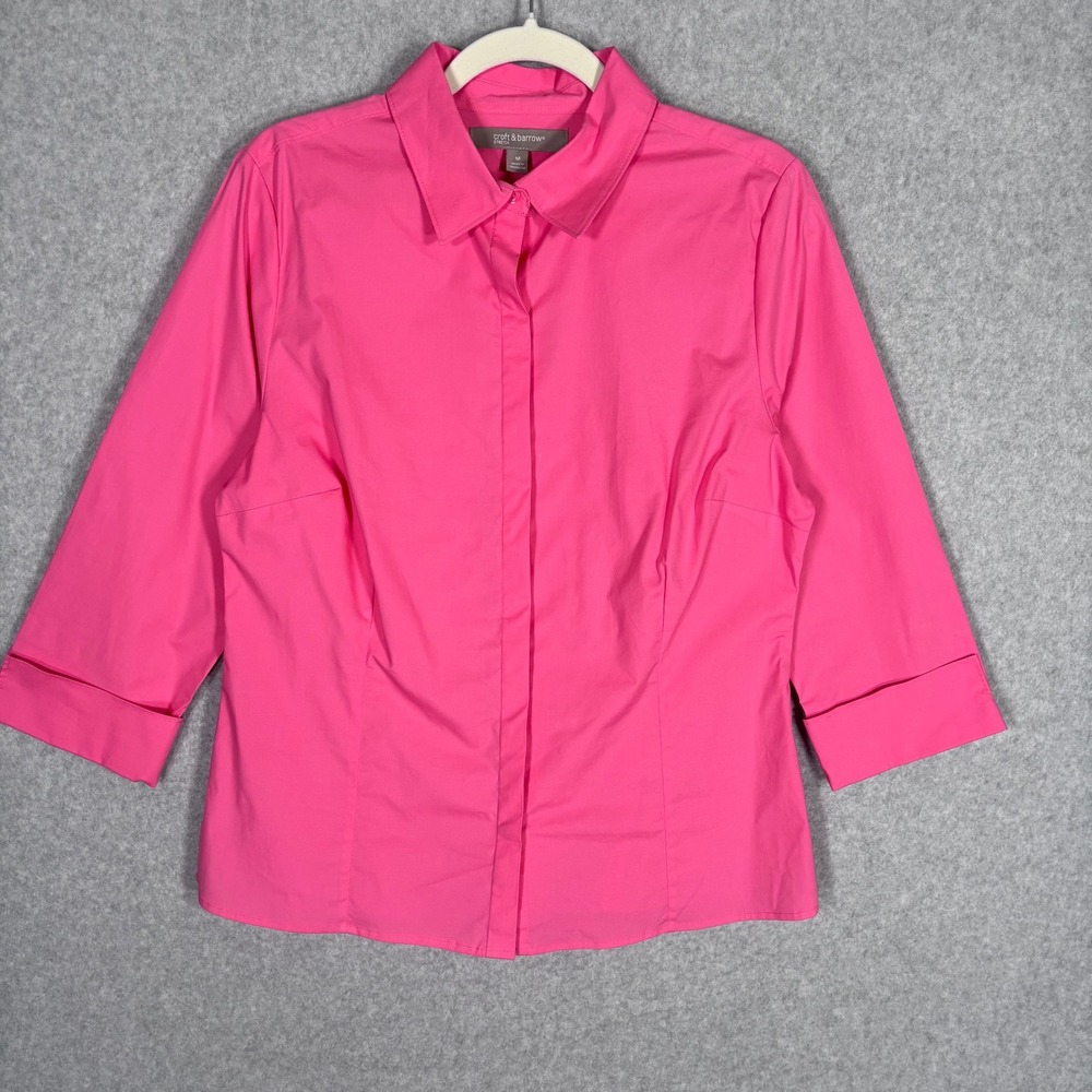 Croft & Barrow Button Shirt Medium Pink 3/4 Sleeve Cuff Stretch Cotton Blouse